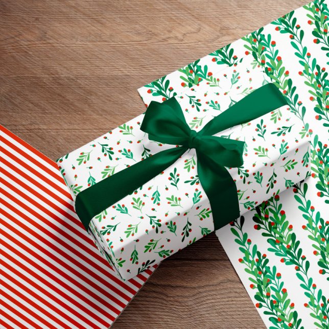 Green Twigs & Red Berries Christmas Patterns Wrapping Paper Sheets (Creator Uploaded)