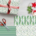 Green Twigs & Red Berries Mixed Christmas Patterns Wrapping Paper Sheets<br><div class="desc">Pretty wrapping paper sheets for the holidays featuring two patterns of green twigs full of red berries,  and one matching green and white striped pattern.</div>