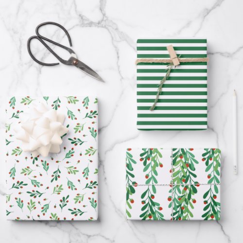 Green Twigs  Red Berries Mixed Christmas Patterns Wrapping Paper Sheets