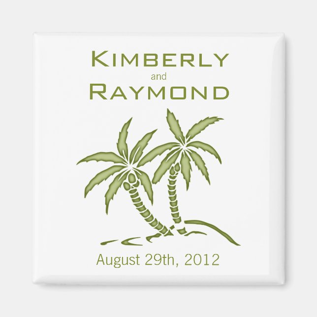 Green Twin Palm Trees Tropical Wedding Magnet (Front)