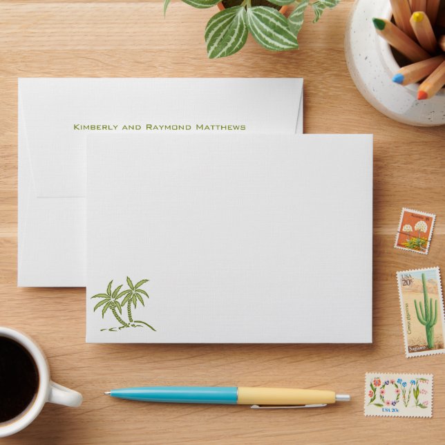 Green Twin Tropical Palm Trees Wedding Stationery Envelope (Desk)