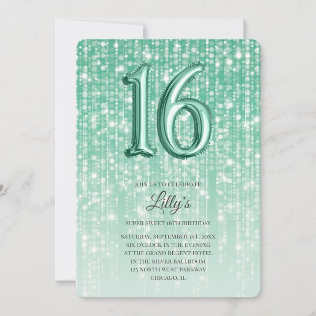 Green Twinkle Lights Foil Balloon 16th Birthday Invitation (Front)