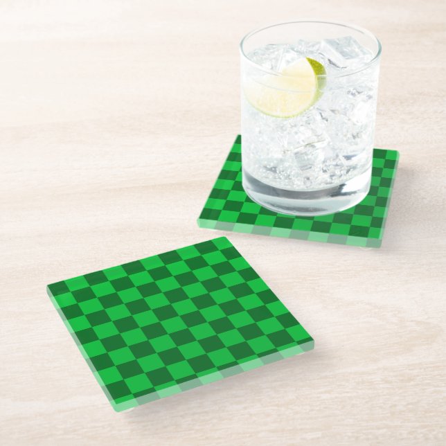 Green Two Toned Checkerboard Pattern Glass Coaster (Angled)