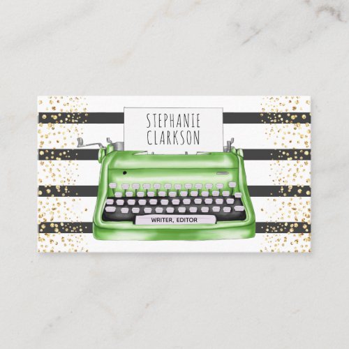 Green Typewriter Stripe Gold Glitter Writer Editor Business Card