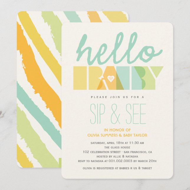 Green Typography Chic Sip & See Hello Baby Shower Invitation (Front/Back)