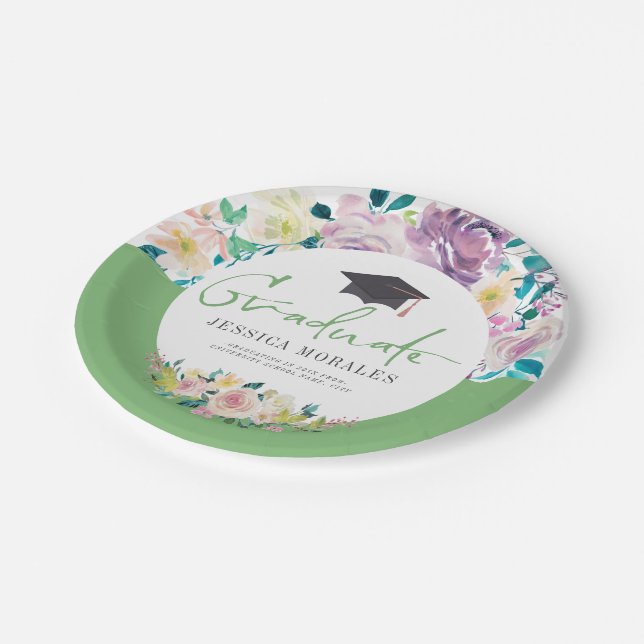 Green Typography Graduate-Summer Flowers Paper Plates (Angled)