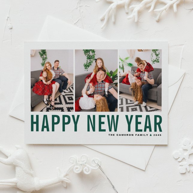 Green Typography Happy New Year Photo Collage Holiday Card (Send new year cheer with this customizable green three-photo-collage Happy New Year Card. )