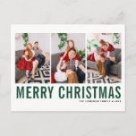 Green Typography Merry Christmas Photo Collage Holiday Postcard<br><div class="desc">Merry Christmas! Customizable Christmas photo collage postcard featuring green and black simple typography. Personalize by adding three photos,  names,  year and other details. This modern Christmas postcard is available in other colors and cardstock.</div>