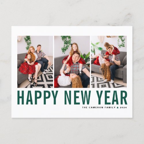 Green Typography Photo Collage Happy New Year Holiday Postcard