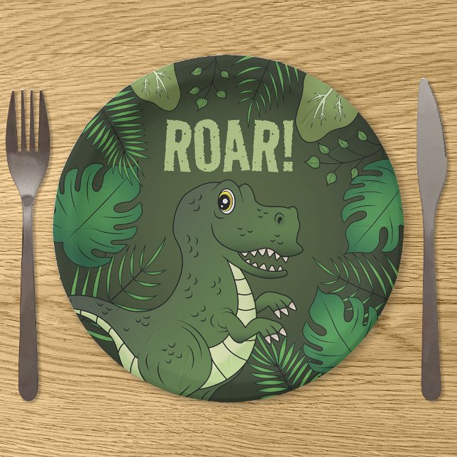 Green Tyrannosaurus Rex T-rex Tropical Birthday Paper Plates (Creator Uploaded)