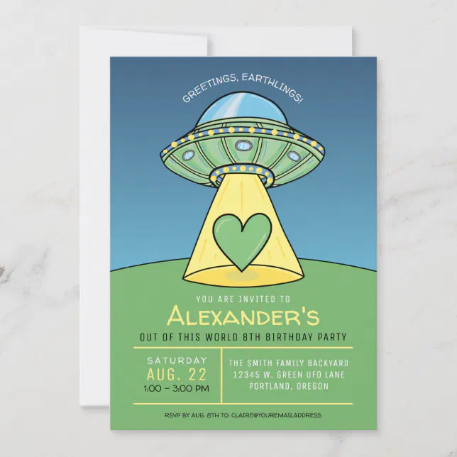 Green UFO Alien Birthday Party Invitation | Zazzle
