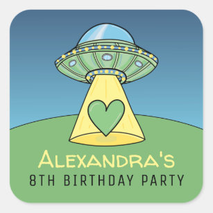 Green UFO Alien Birthday Party Square Sticker