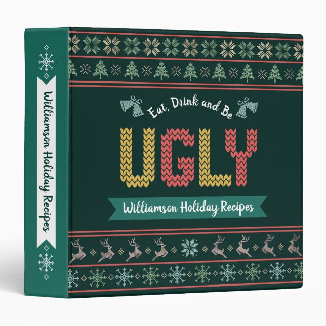Green Ugly Christmas Knit Sweater Recipe Cookbook 3 Ring Binder (Front/Spine)