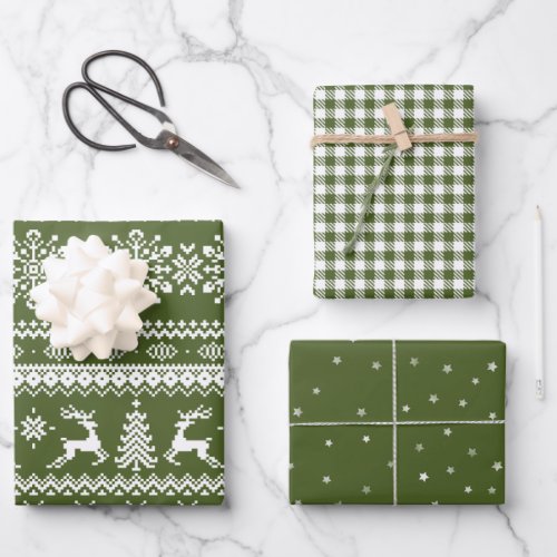 Green ugly Christmas sweater buffalo plaid  stars Wrapping Paper Sheets