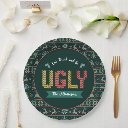 Green Ugly Christmas Sweater Nordic Knit Your Name Paper Plates