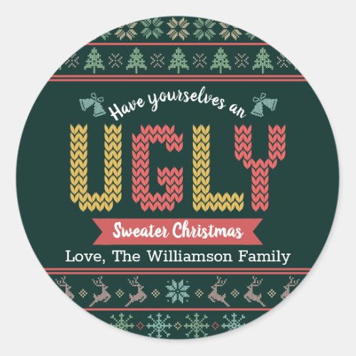 Green Ugly Sweater Christmas Nordic Knit Custom Classic Round Sticker