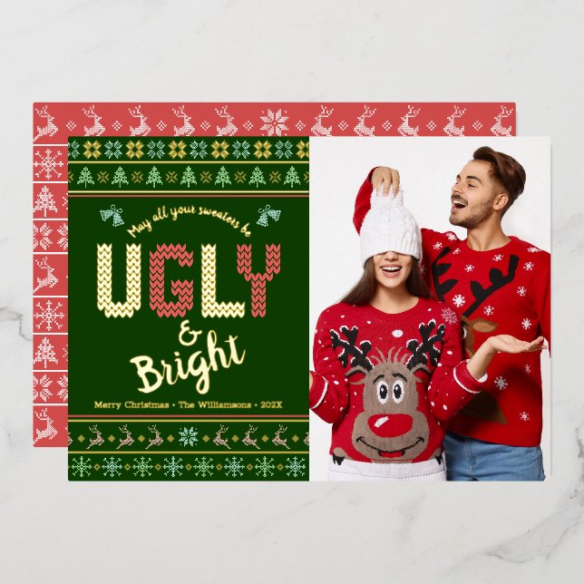 Green Ugly Sweater Christmas Photo Tacky Real Gold Foil Holiday Card (Front/Back)