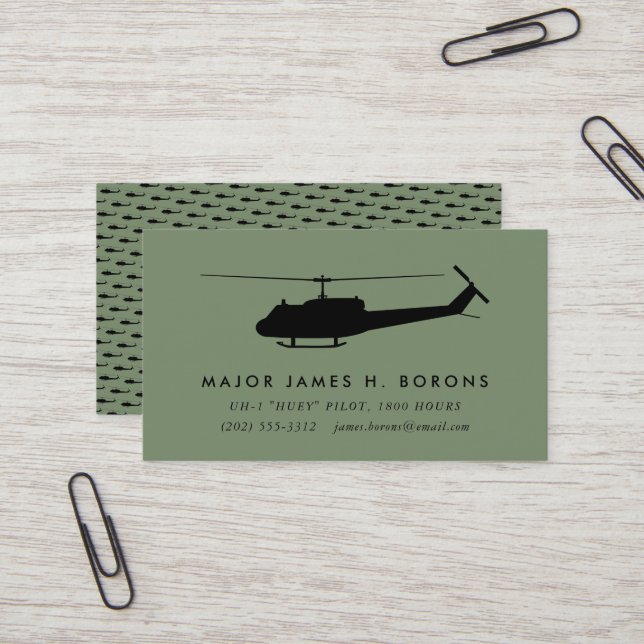 Green UH-1 Huey Pilot Business Card with pattern (Front/Back In Situ)