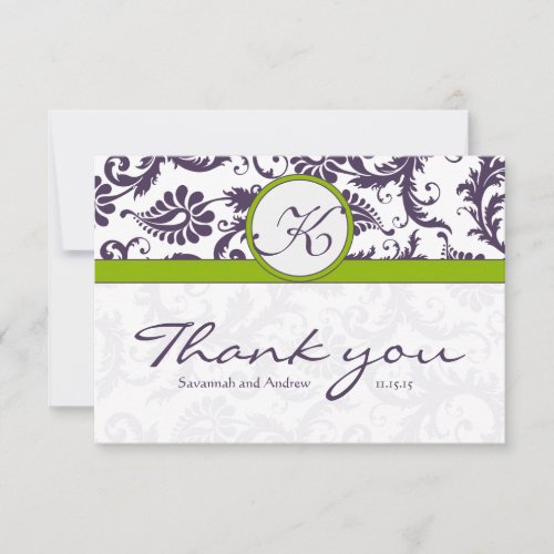 Green Ultra Violet Purple Damask Wedding Thank You