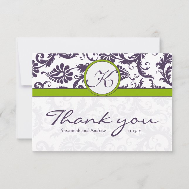 Green Ultra Violet Purple Damask Wedding Thank You Card (Front)