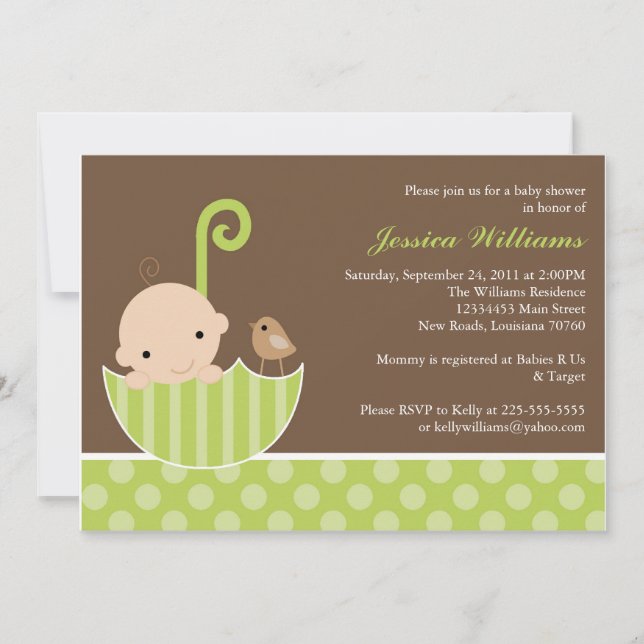 Green Umbrella Baby Shower Invitation (Front)