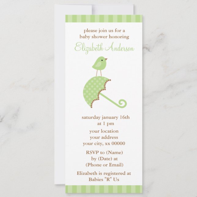 Green Umbrella Bird Baby Shower Invitation (Front)