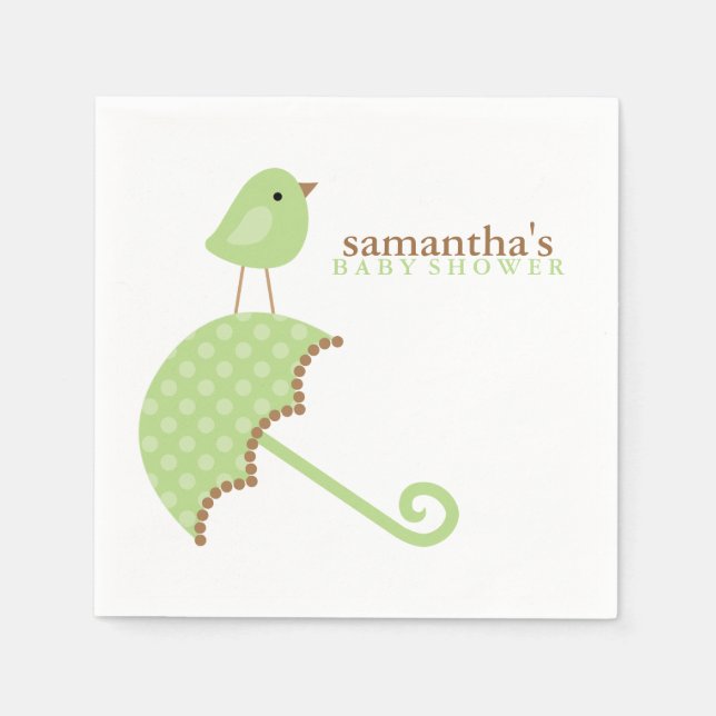 Green Umbrella Bird Baby Shower Paper Napkins (Front)