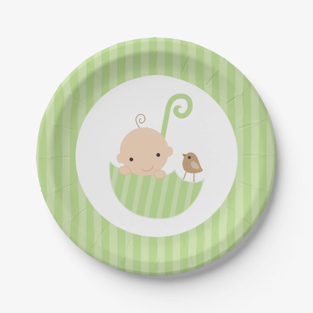 Green Umbrella Neutral Baby Shower Paper Plates (Front)