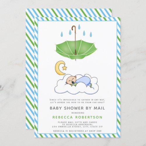 Green umbrella sleeping baby boy shower by mail invitation