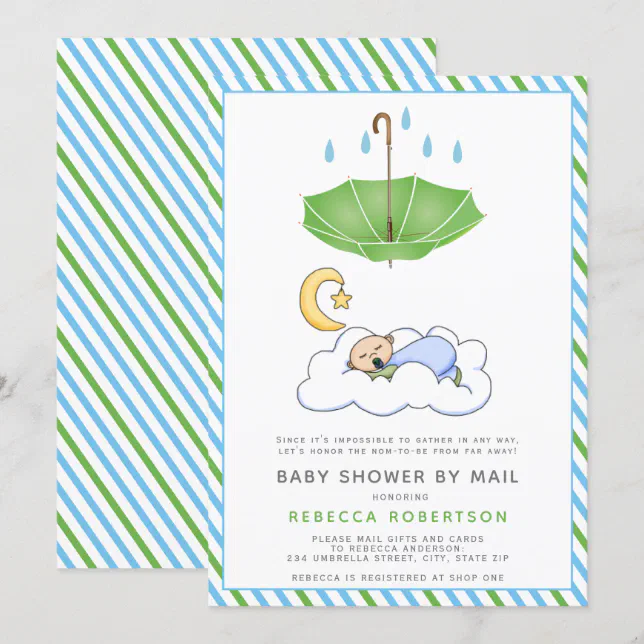 Green umbrella, sleeping baby boy shower by mail invitation | Zazzle