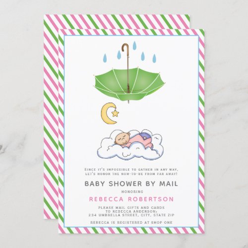 Green umbrella sleeping baby girl shower by mail invitation