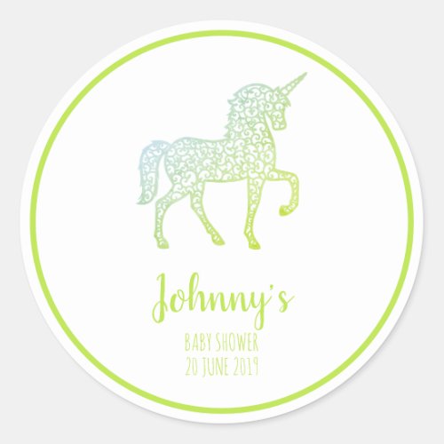 Green Unicorn baby shower party Thank You Own text Classic Round Sticker