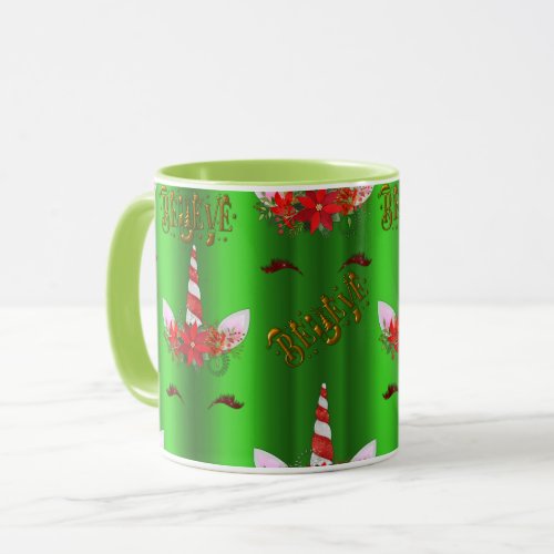Green Unicorn Believe Christmas Mug