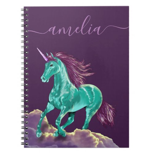 Green Unicorn  Cloud Magical Horse Custom Name    Notebook