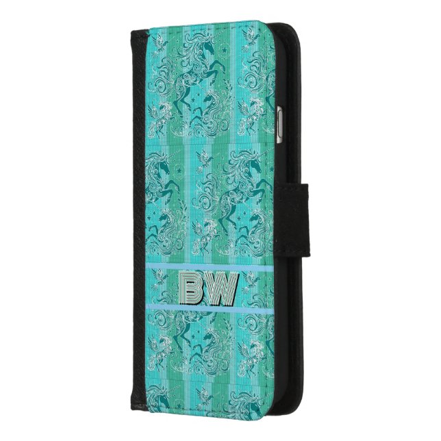 Green Unicorn Plaid Pattern Personalized Monogram iPhone Wallet Case (Left)