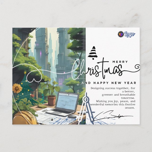 Green Urban Architect Minimalist Christmas Postcard (Front)