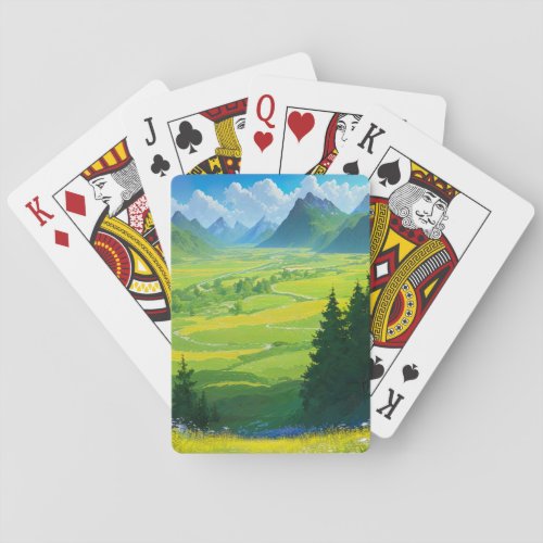 Green Valley Enveloped by Towering Peaks Playing Cards