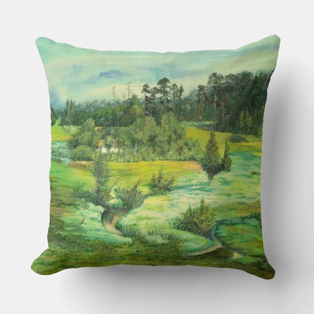 green valley painting Watercolor Throw Pillow (Front)