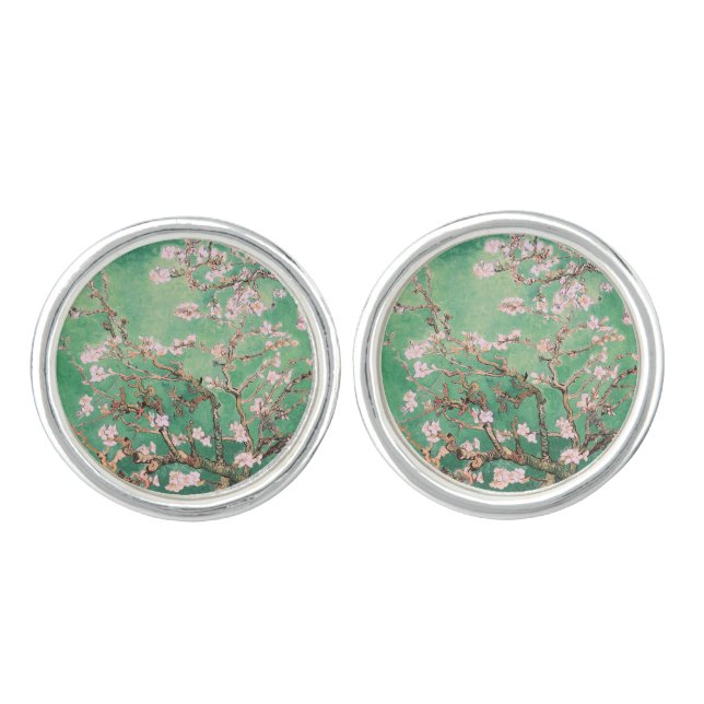Green Van Gogh Almond Blossoms Cufflinks (Front)