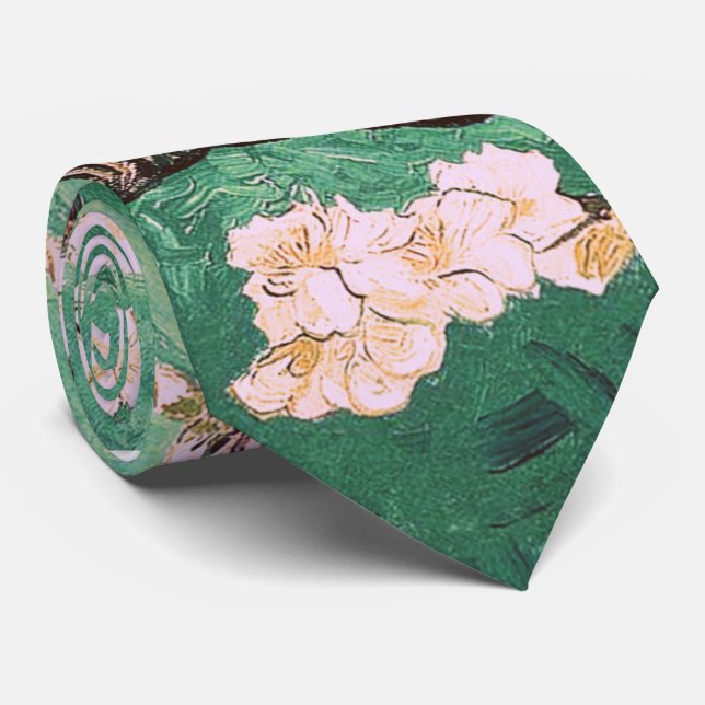 Green Van Gogh Almond Blossoms Neck Tie (Rolled)