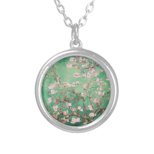 Green Van Gogh Almond Blossoms Silver Plated Necklace (Front)