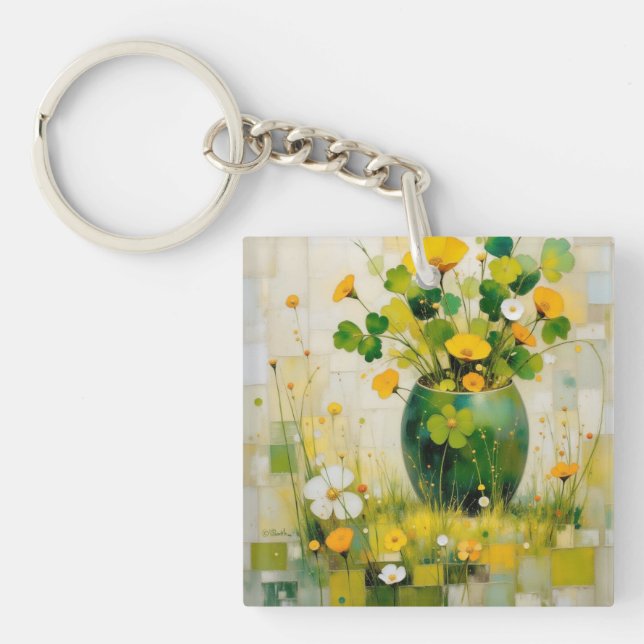 Green Vase of Irish Flowers & Shamrocks Keychain (Front)