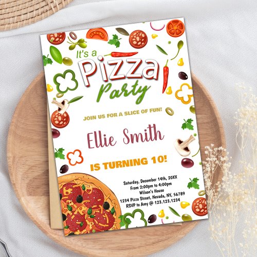 Green Vegetable  Red Pizza Birthday Invitations