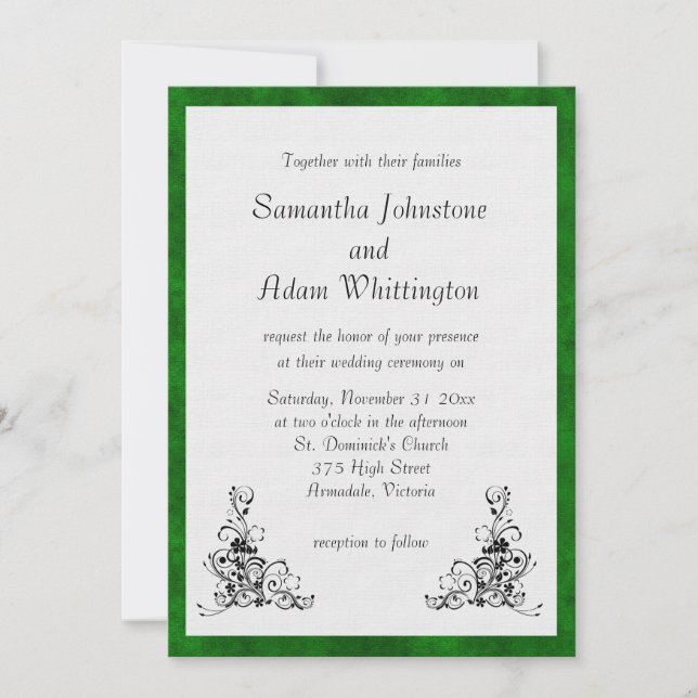 Green Velvet Frame and Black Ornaments Wedding Invitation (Front)