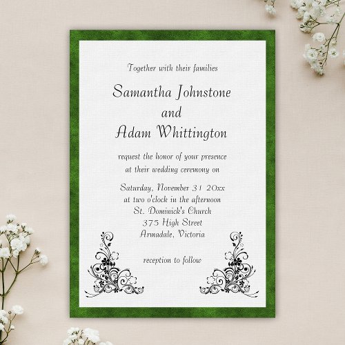 Green Velvet Frame and Black Ornaments Wedding Invitation