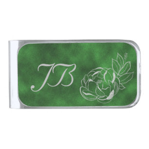 Green Velvet Silver Rose Monogram Money Clip