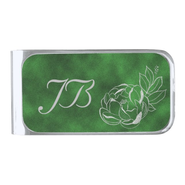 Green Velvet Silver Rose Monogram Money Clip (Front)