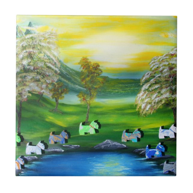 Green Venus Scotties at the Pond Ceramic Tile (Front)