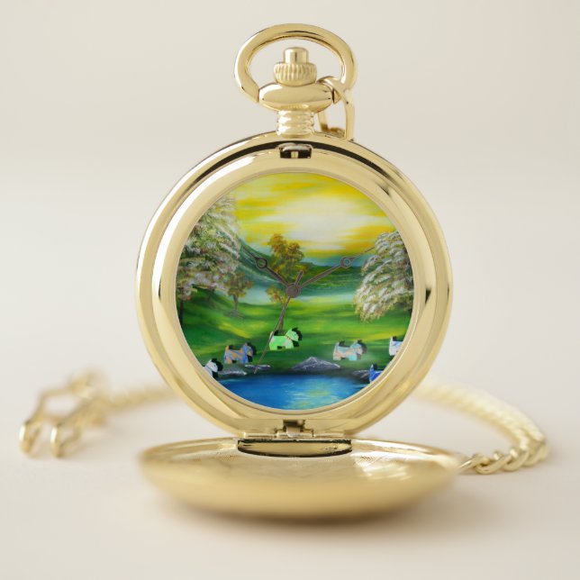 Green Venus Scotties at the Pond Pocket Watch (Inside)