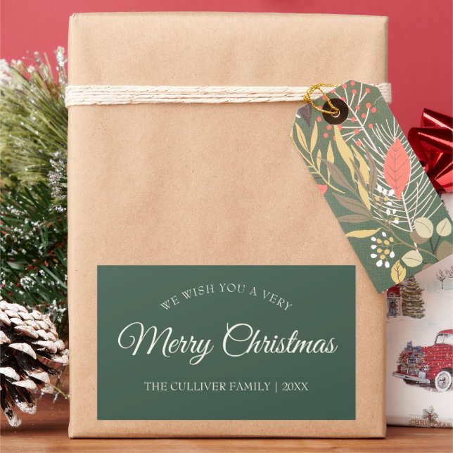 Green Very Merry Christmas Family Name Gift Label (Holiday)